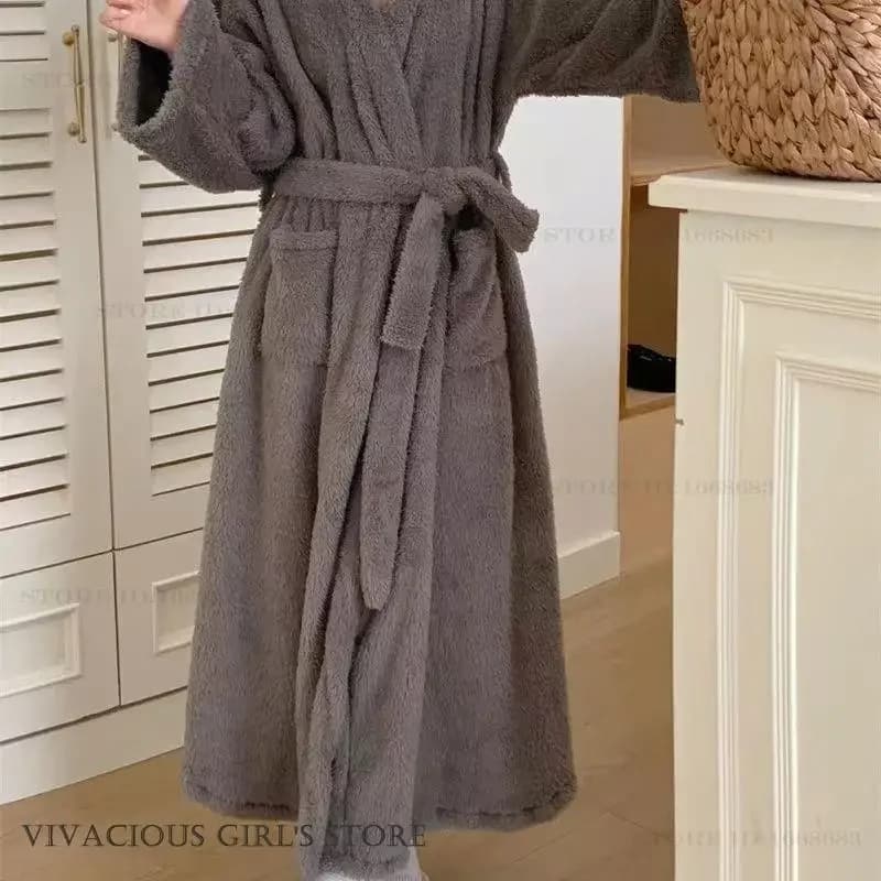 Addensare Coral Fleece Sleepwear Autumn Winter Night Shirt Kimono Bathrobe Dress Trained Casual Pigiama Long Dress Women's Dress