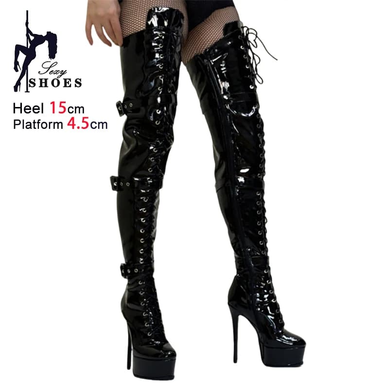 Stivali alla coscia sexy con fibbia in metallo gotico per le donne Stivali da moto con plateau moda 15CM Tacchi a spillo Scarpe da ballo con palo sopra il ginocchio
