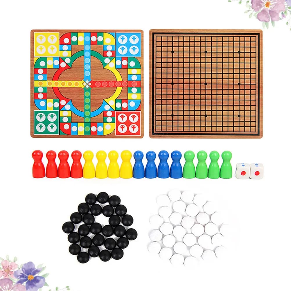 1Set Flying Chess Five-in-A-Row Chess Multi-Function Game Wood Board Educational Family Parent-Child Brain