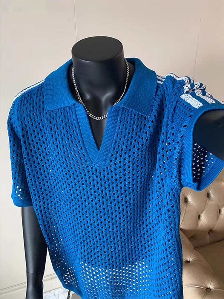 T-shirt da uomo a maniche corte in maglia traforata, con colletto ampio, traspirante, ad asciugatura rapida, top estivo alla moda, casual.