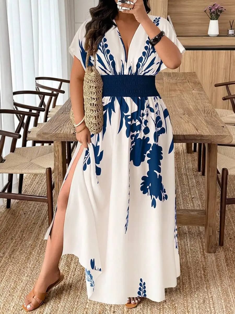 Breezaya Plus Size Summer Floral Print Waist Cinching Split Dress