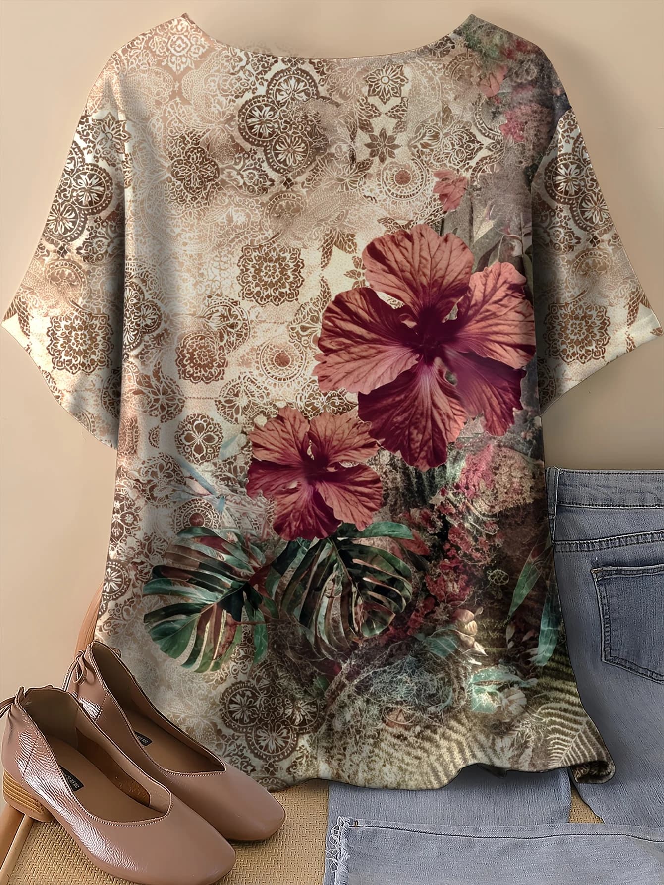 Women Vintage Hibiscus Paisley Floral Print T‑Shirt,O‑Neck Short Sleeve Bohemian Casual Summer Blouse Tops