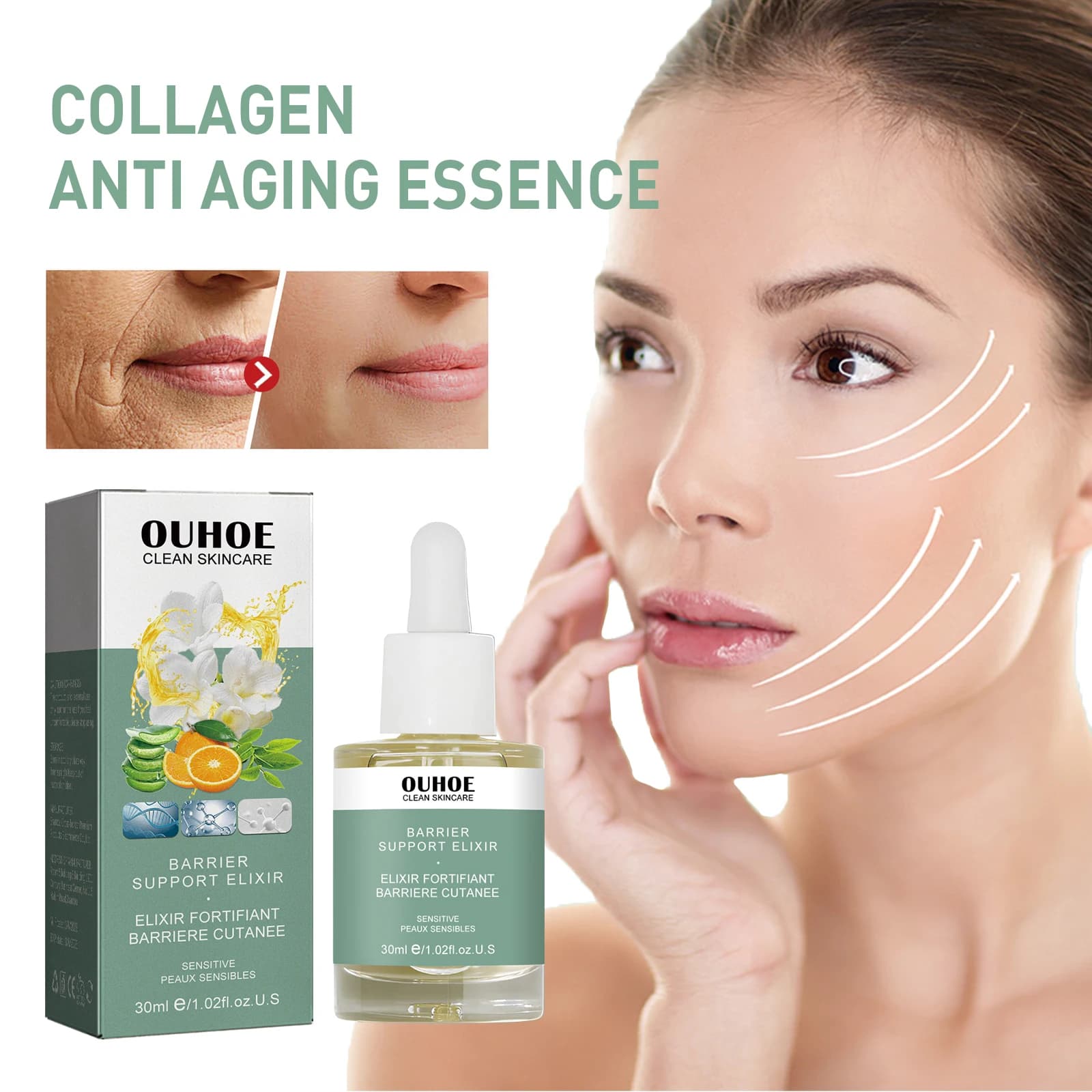 OUHOE collagen firming essence lifts skin pores, smoothes thin lines around the eyes, moisturizes and illuminates skin essence