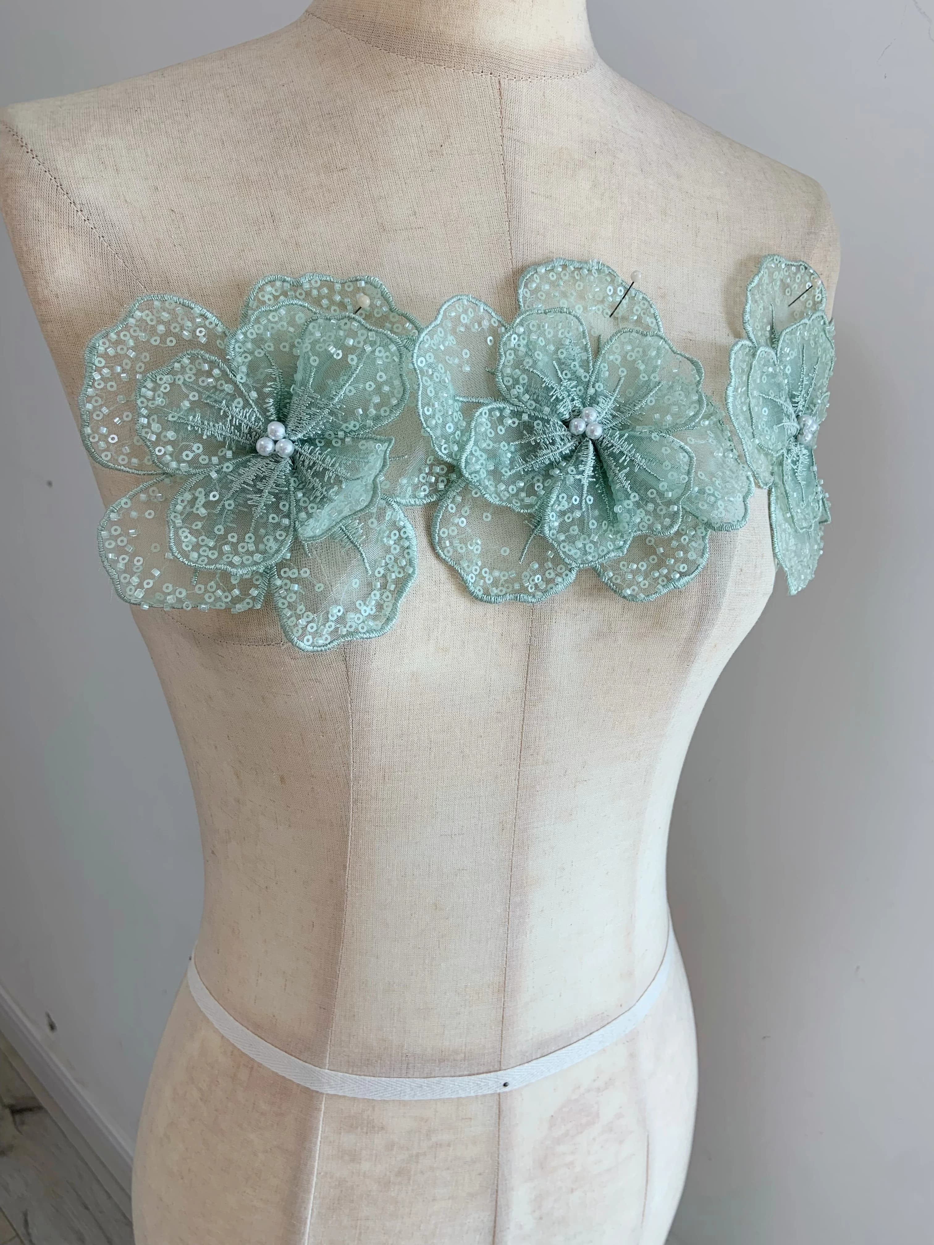 Green Seed Bead Pearls Embroidered Sequins Flower Lace Applique for Off White Wedding Dress Patch Sewing,Ball Gown Supplies