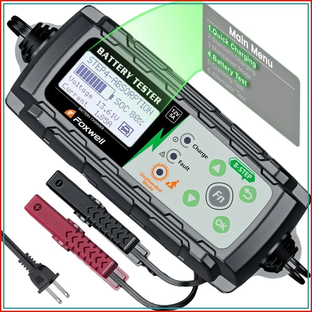 12V Car Battery Charger & Tester, 5A Smart 4-in-1 Maintainer, Test Health, Cranking & Alternator, Pulse Repair for RV Motorcycle Lawn Mower