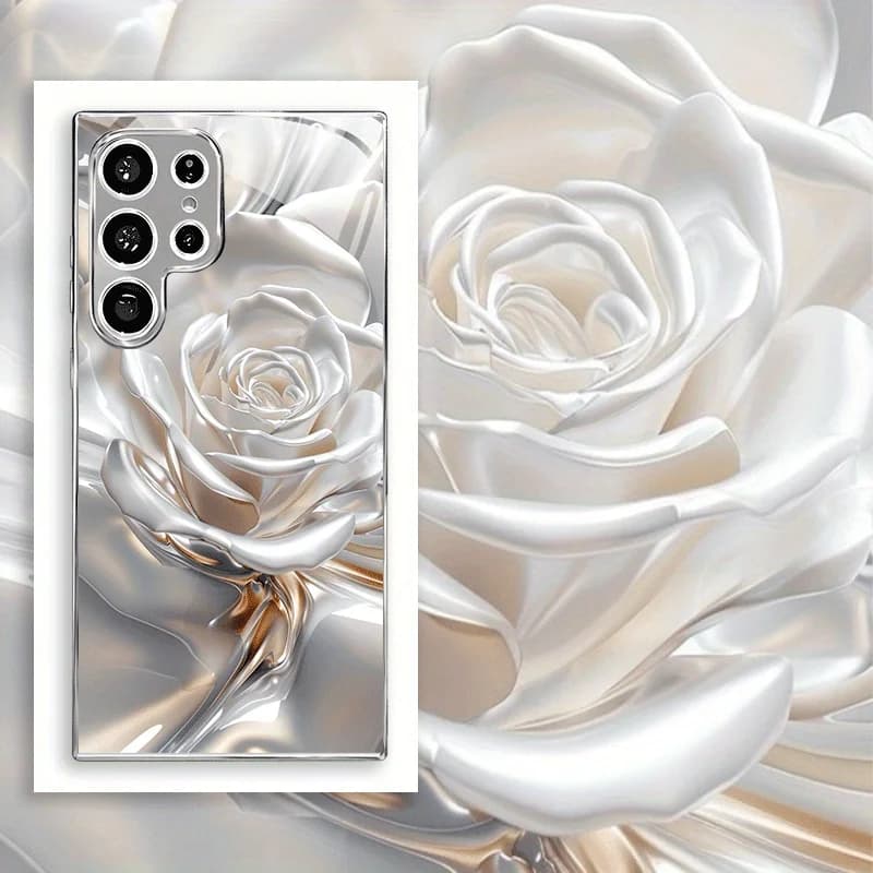 White petal metallic paint glass phone case suitable for Samsung Galaxy S26 S25 S24 S23 S22 S21 S20 FE/Ultra/Plus shockproof