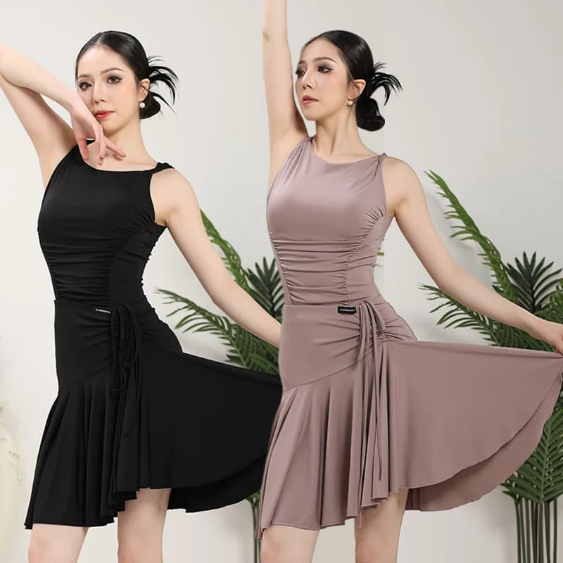Abito da ballo latino senza maniche estivo Donna Gonna da ballo con volant Set Rumba Tango Abiti da allenamento Ballerino Pratica Usura Nero VDL3808
