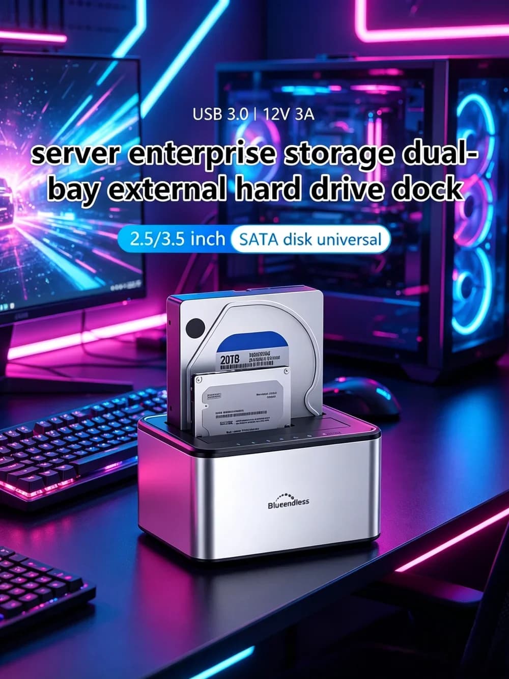 Docking Station per Clonazione Offline a Doppia Baia, Enclosure USB 3.0 SATA per SSD/HDD da 2.5/3.5 Pollici