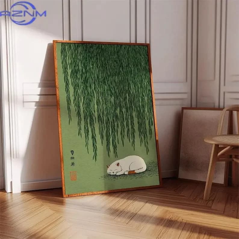AZNM 1pc Japanese Cat Under Willow Tree Poster, Unframed Green Nature Cat Wall Art Poster for Living Room and Bedroom Decortions