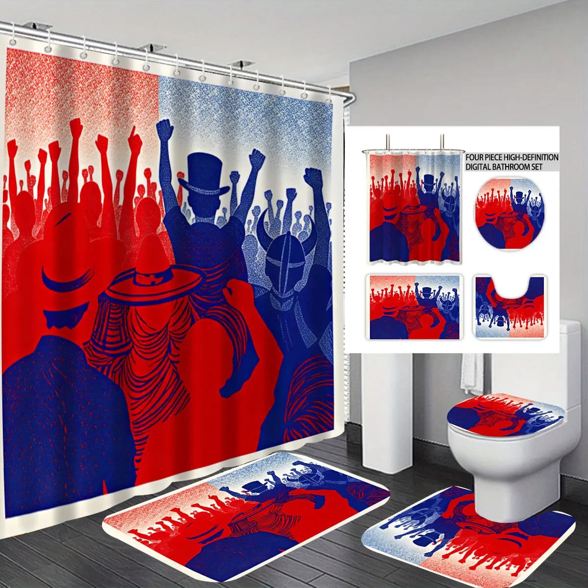 Cheering Crowd Party Print4Pcs Set Red Blue Shower Curtain Waterproof Bath Mat Non-slip Towel Bathroom Decor Set