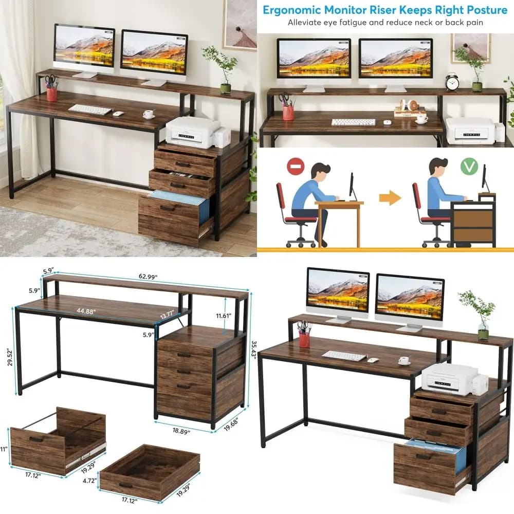 Industrial Desk Ergonomic 63 with Monitor Support, Printer and Storage Cabinet
