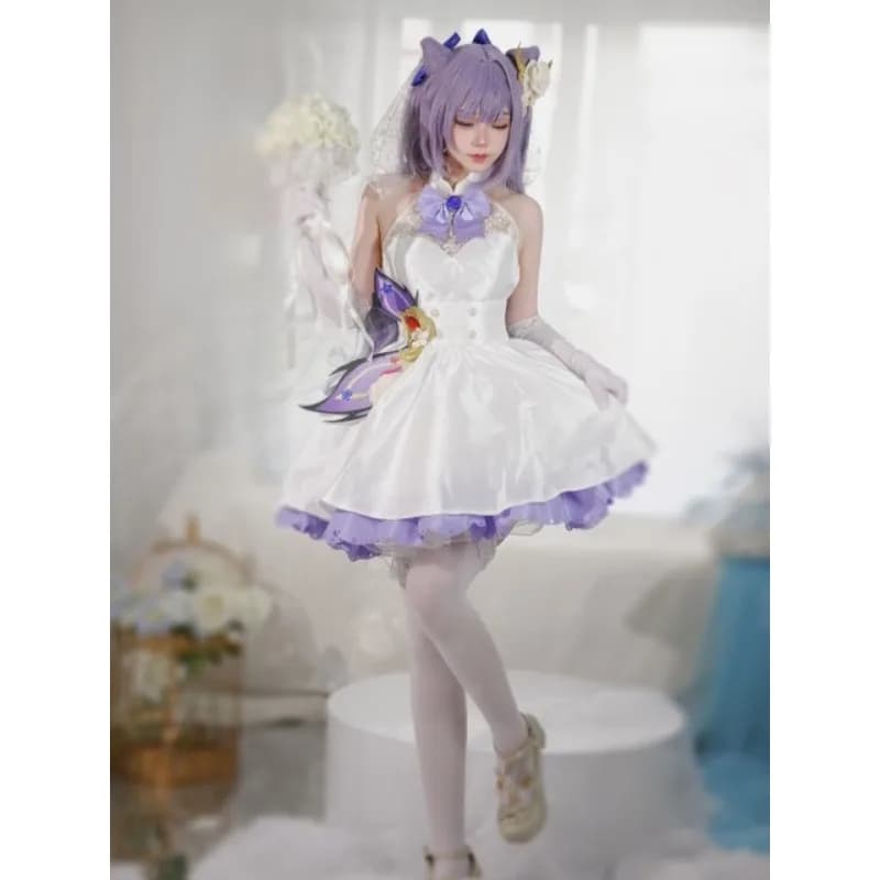 Costume da Cosplay Keqing Lolita per Donne, Genshin Impact, Abito Bianco Carino con Guanti, Calzini, Parrucca, Set per Comic-Con e Giochi di Ruolo