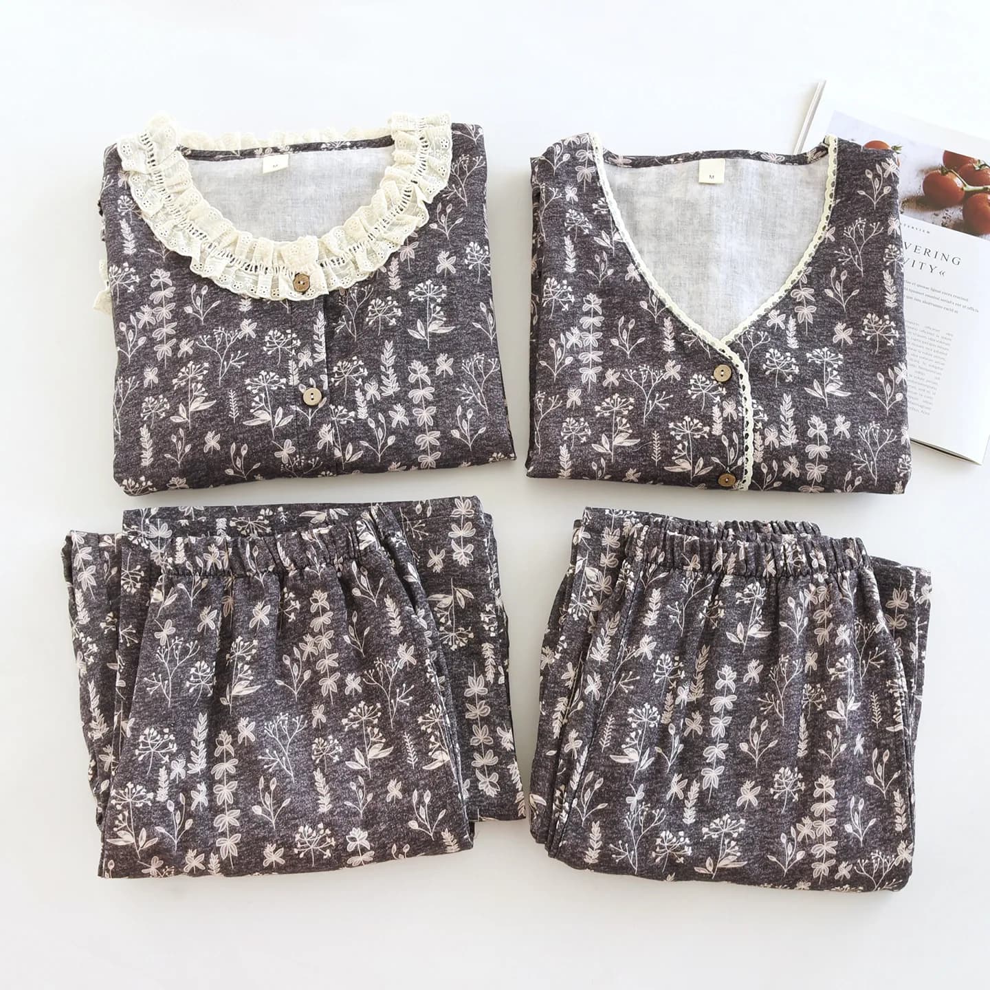 Summer Women's Sleepwear Set Print Floral Cotton Lightweight Long Sleeve Shirt Pant Suit Two-Piece Home Garments