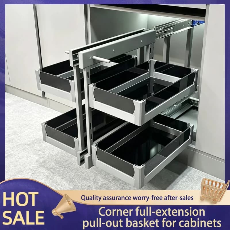 Sturdy Full Extension Rotating Double Layer Corner Pull Out Basket With Adjustable Shelves For Spices Plates And Bowls Set