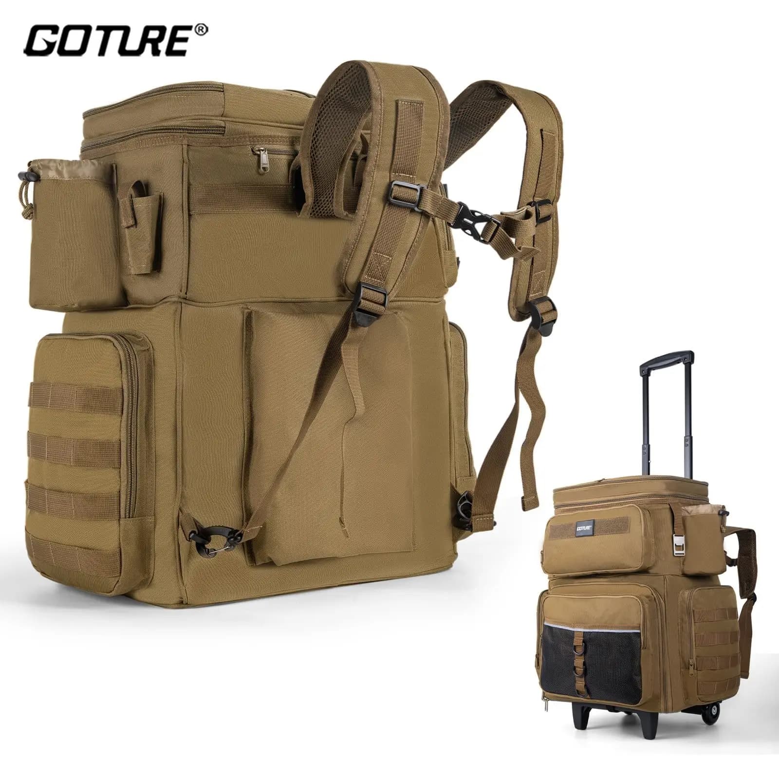Goture 66L Fishing bag with Wheels and Fridge, Large Fishing Backpack Water Resistant Salad with Candle Fishing Equipment