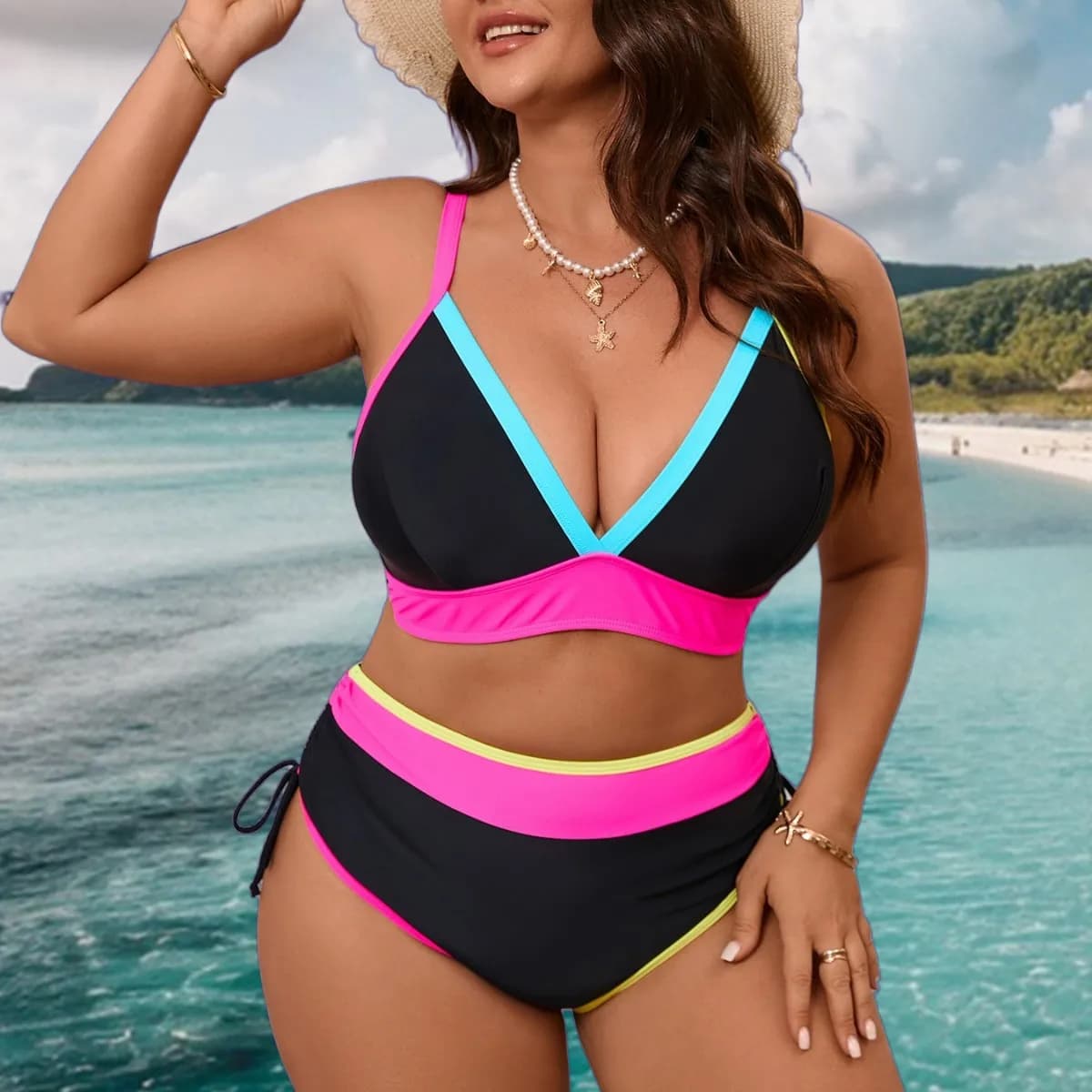 2026 European and American New Sexy Color Splicing Contrasting Color High Waist Drawstring Large Size Split Bikini Swimsuit