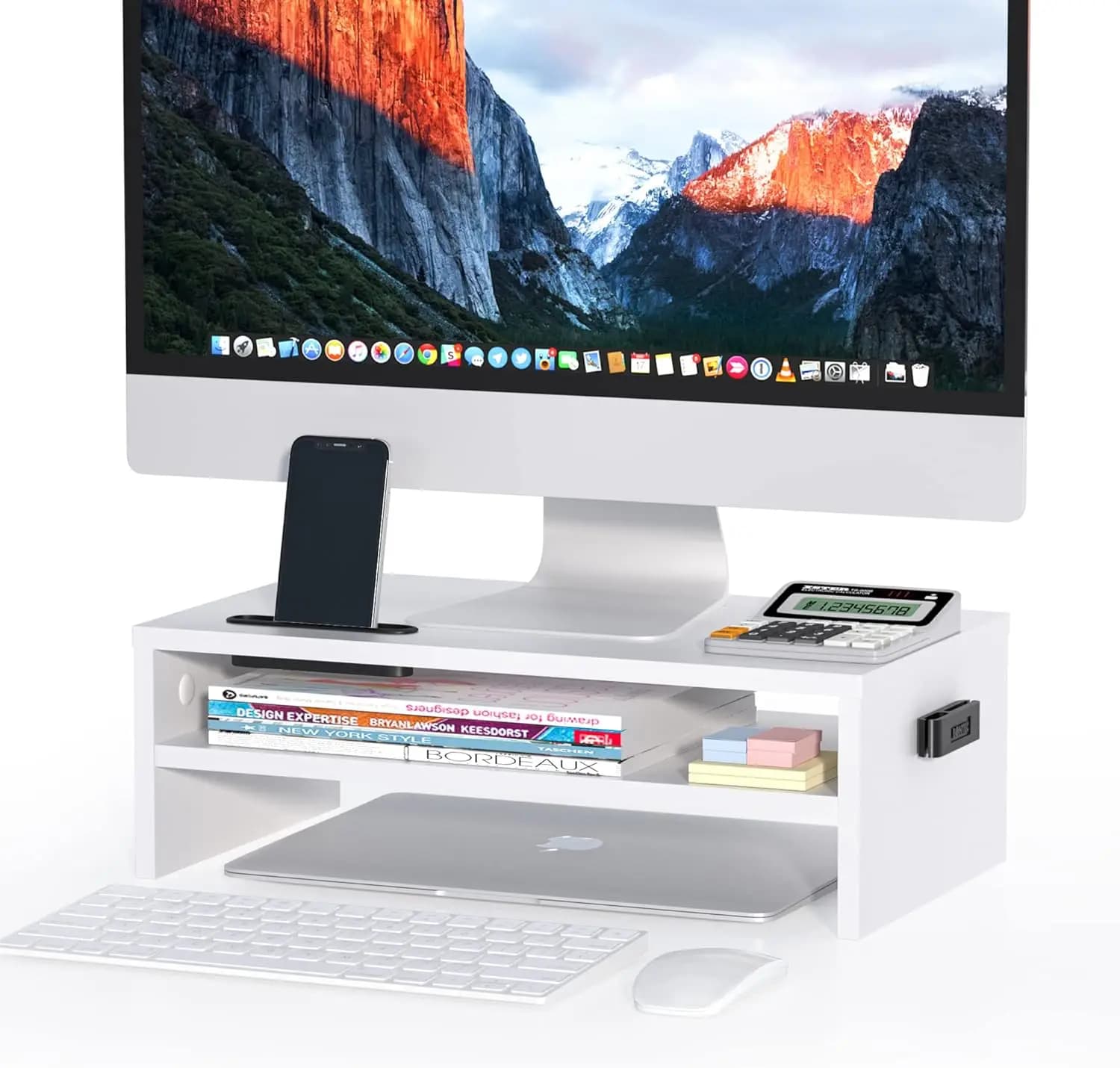 Support for 2 Level Wood Monitor with Organizer, Desk Shelf for Cable Management and Phone Support