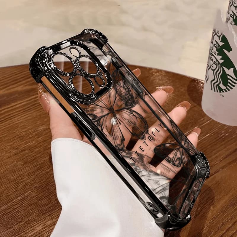 Luxury Black Beautiful Butterfly Plating Phone Case For iPhone 16e 16 15 14 13 12 11 Pro Max X Mini Plus Anti-Fall Airabag Cover