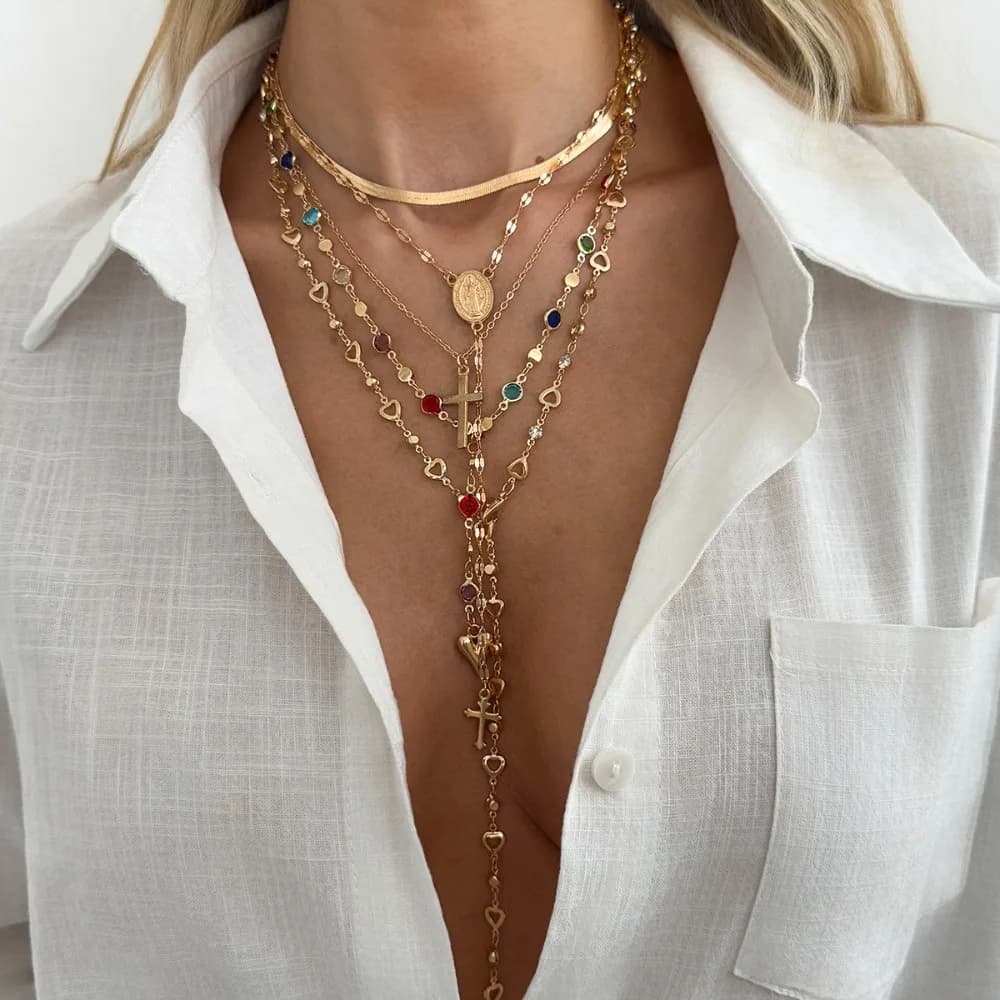 Set di Collane a Y con Cristalli Colorati, Collana con Perle e Croce, Collana con Strass Colorati, Collana Boho con Catena a Serpente, Collana con Perline, Girocollo Estivo