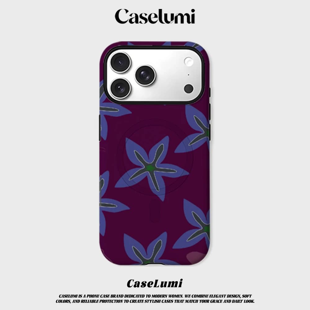 Cover CaseLumi Opaca Antiurto per iPhone 17 16 15 14 Plus 13 Pro Max con Bumper per MagSafe, in PC Rigido, Motivo Petali Viola