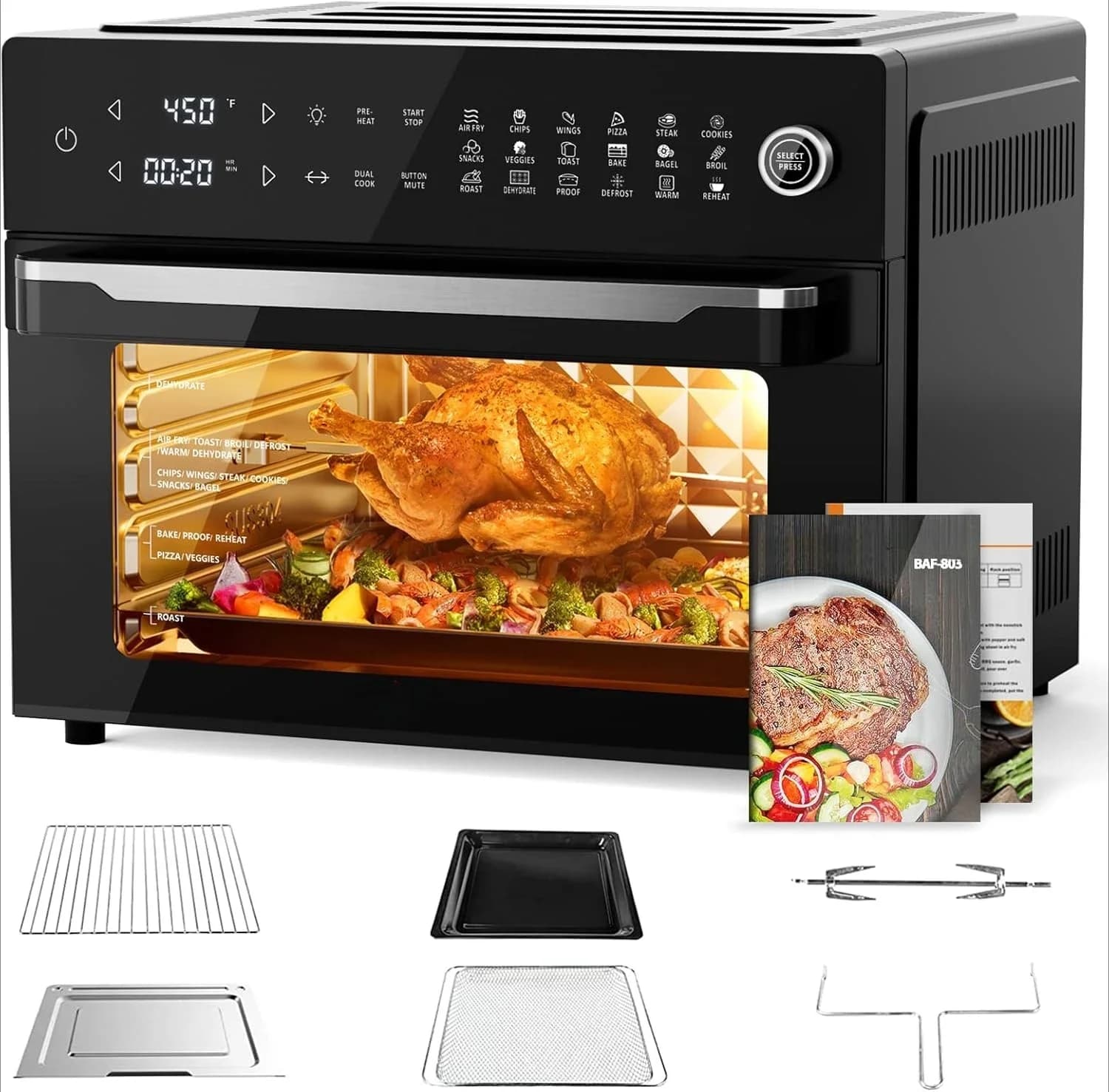 PRO 32 litres large air frying oven | Combined oven toaster | with roast, dehydrator and complete accessories | , 1800w, Black