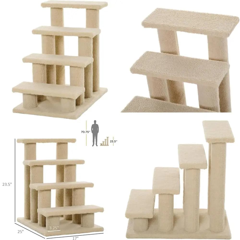 Tiragraffi per Gatti a 4 Livelli con Scala, Bianco Crema, Rivestito in Moquette, 25 Pollici