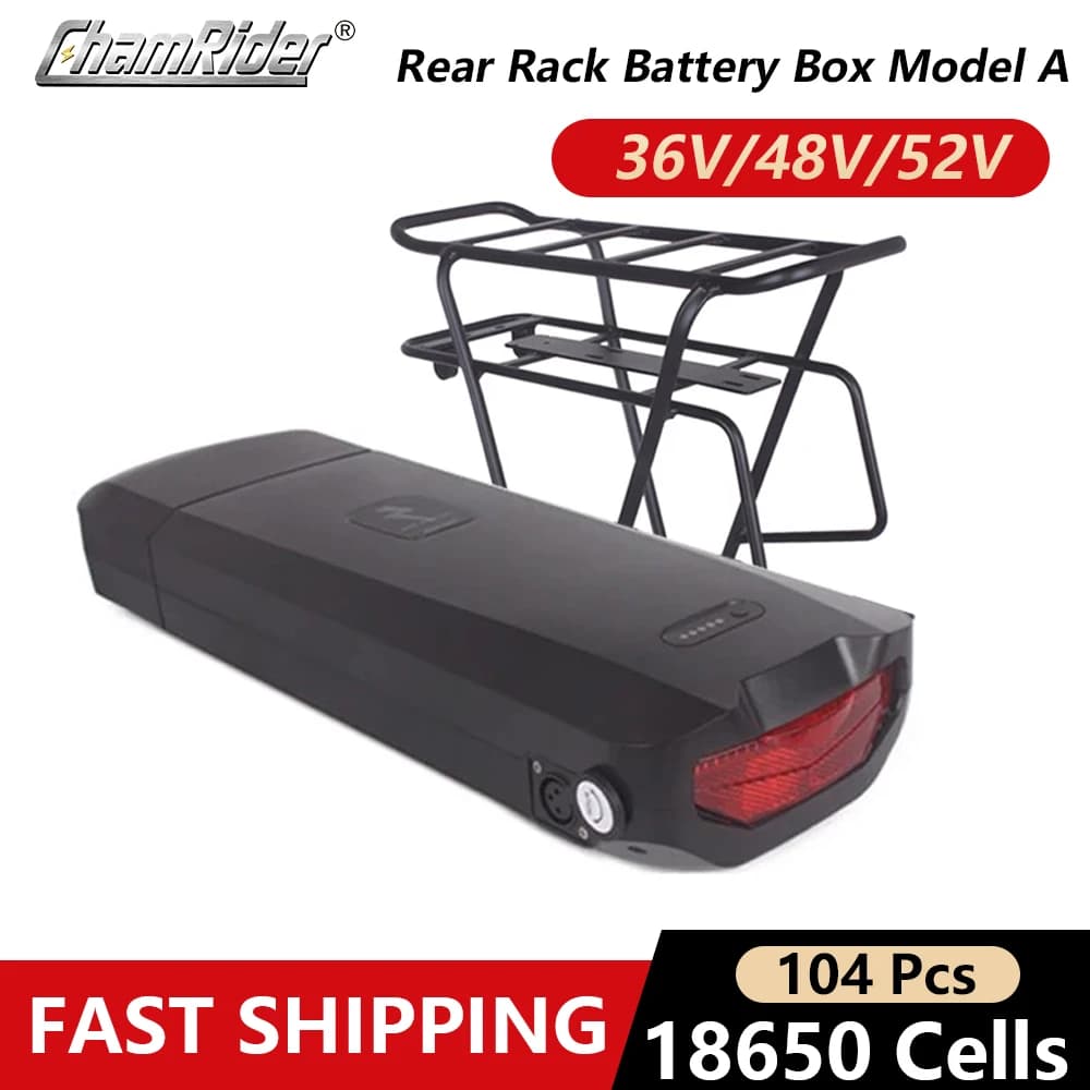 Batteria per bici elettrica ChamRider portapacchi posteriore, custodia per batteria Ebike 48V 36V doppio strato, portapacchi, 5V,USB,10 s10p, 13 s9p, 14 s8p