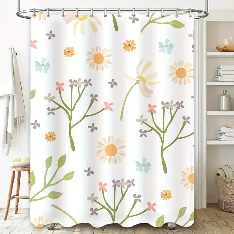 ~ O~ Tenda da doccia floreale primaverile Tessuto morbido e impermeabile Fodera decorativa per bagno per bambini Bianco Verde Giallo Viola Co