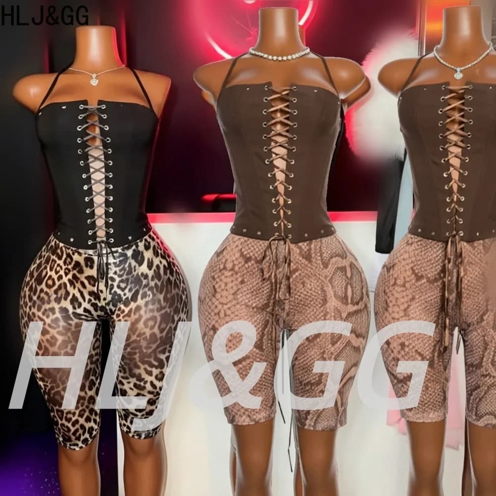 HLJ&GG Sexy Leather Hollow Bandage Halter Two Piece Sets Women Sleeveless Slim Crop Top + Mesh Leopard Shorts Outfits Streetwear