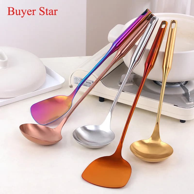 Manico lungo 201 spatola in acciaio inox pala pentole mestolo da minestra in metallo pala spatole Set cucina Turner strumento di cottura Scoop
