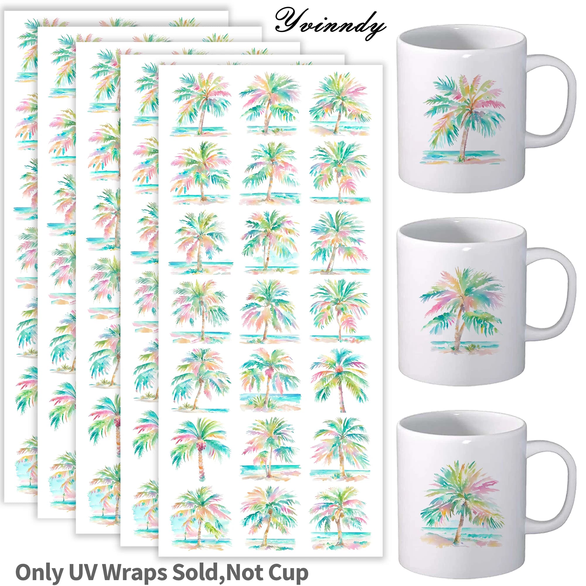 105Pcs/Set Watercolor Beach Palm UV DTF Transfer Sticker DIY Craft Kits with Crystal Label 16oz Glass Jars Wrap Stickers