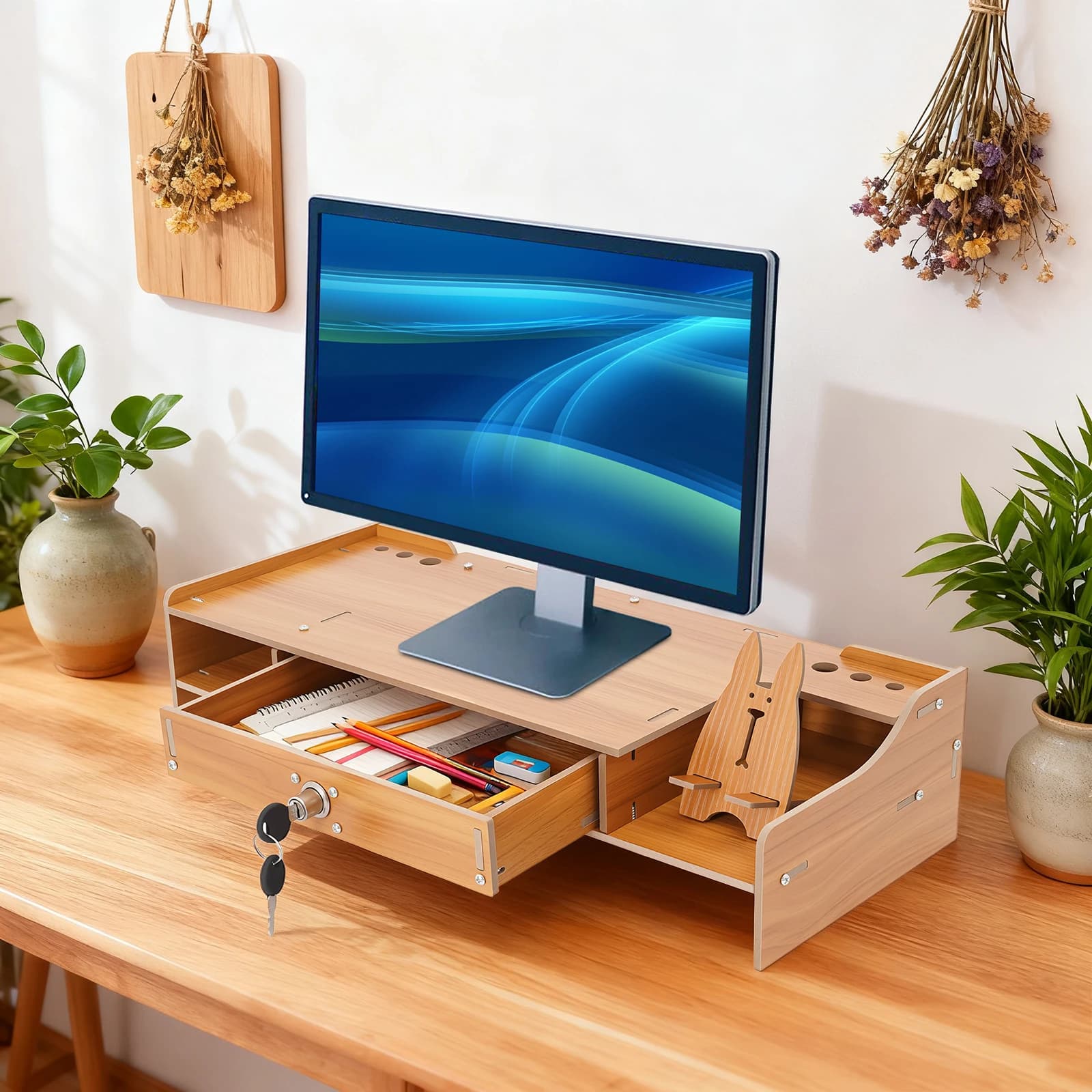 Computer monitor stand, computer rack with drawer with lock and cell phone support, home office accessories shelf