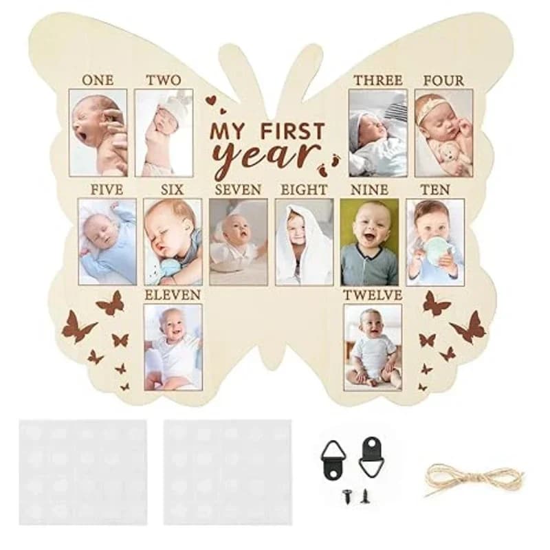 Cornice per il primo anno del bambino in legno Cornice per foto a farfalla per il mio primo anno Cornice per ricordi del bambino da 12 mesi