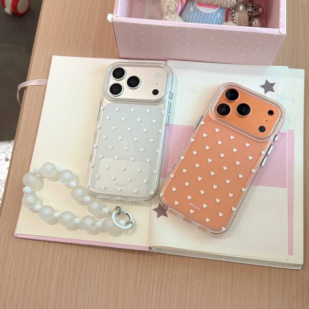 Full Screen White Love Heart Matte With Bead Chain Pendant Shockproof Protective Phone Cover Case for iPhone 17 16 15 Pro Max