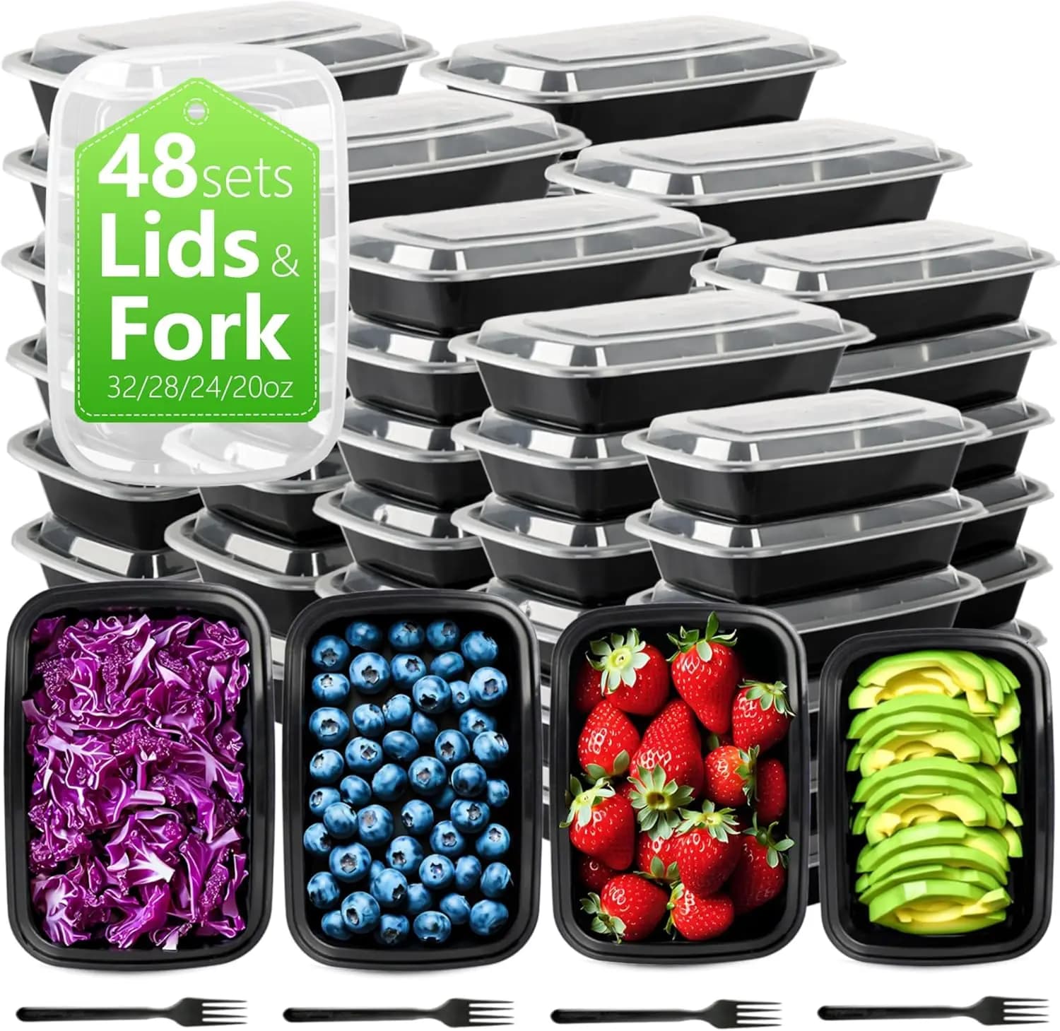 Set di 48 Contenitori per Alimenti Assortiti con Coperchi e Forchette - 20oz - 24oz - 28oz - 32oz, Contenitori Riutilizzabili per Alimenti a Prova di Perdite