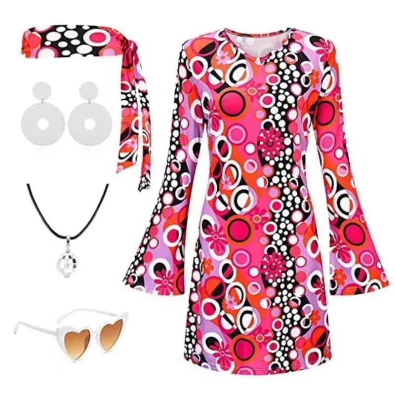 aa2670s 80s Hippie Cosplay Costume Female Earring Necklace Headband Full Set Vintage Print Flared Sleeve Disco Suit Hallow