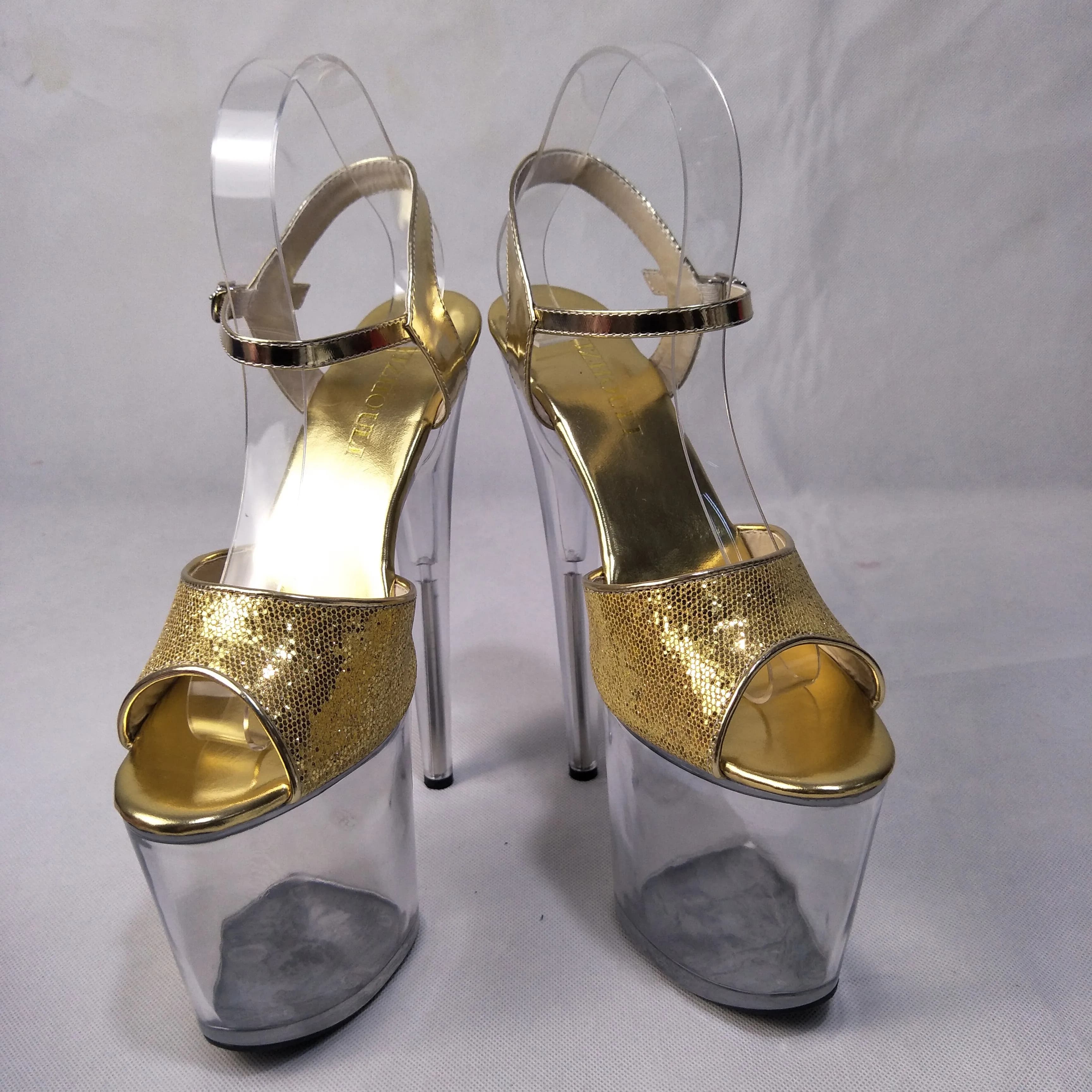 Scarpe di cristallo da palcoscenico dorato da 20 cm, sandali con plateau decorativi con piattaforma impermeabile super spessa trasparente