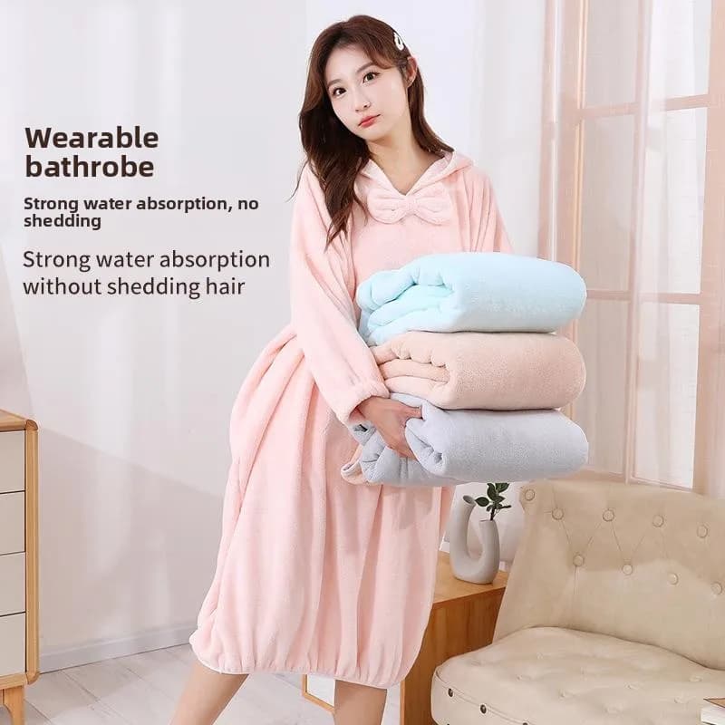 Winter Bathrobe in Soft Velvet Coral, with Hood, Absorbent and Drying Fast, Comfortable for Home