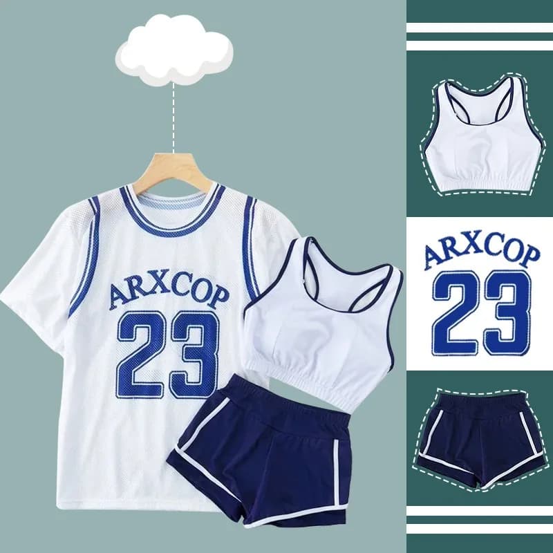 Set da bagno a 3 pezzi da donna, maglia bianca in rete stile basket con stampa numerica e bikini abbinato per l'estate, la spiaggia, la piscina e le vacanze