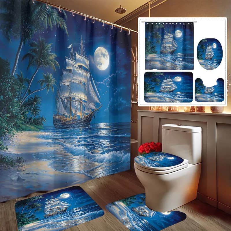 Set da bagno stampato con scena notturna da spiaggia al chiaro di luna da 4 pezzi, inclusa tenda da doccia, tappetino antiscivolo, copriwater, tappetino da bagno e