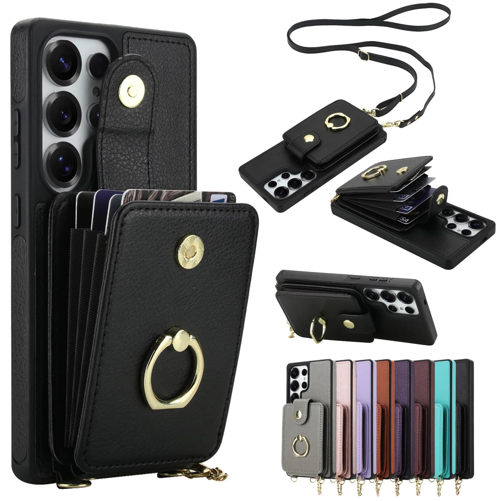 Custodia a portafoglio per Samsung Galaxy S25 Edge S24 S23 S22 Borsa a tracolla ultra con cerniera staccabile Flip Porta carte RFID Cover magnetica
