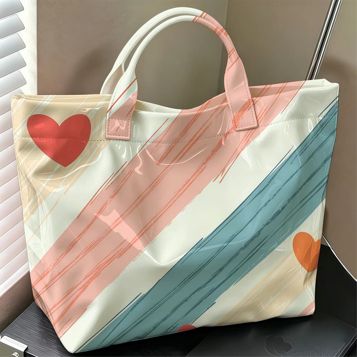 Stripe Heart Hot Sale Large Glossy PVC Tote Bag Hand Washable Waterproof Great for Travel Commute Makeup Storage Handbags