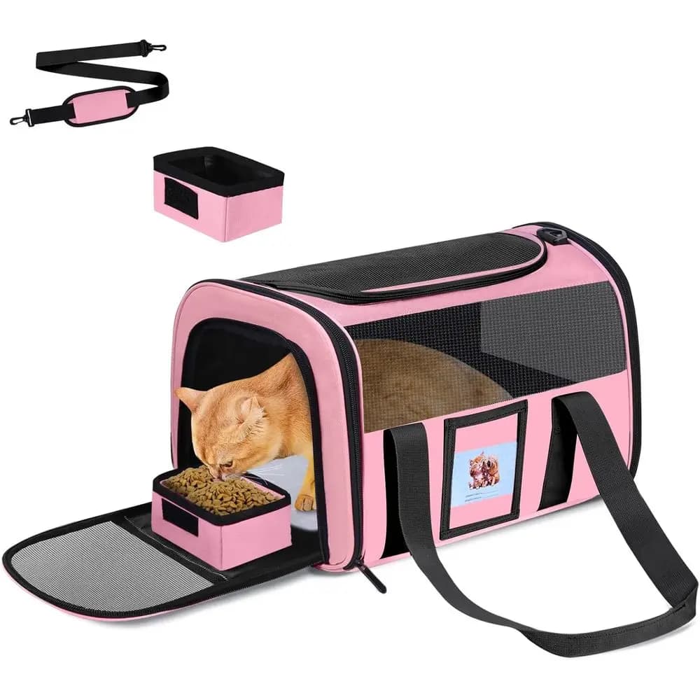 Trasportino per gatti morbido per animali domestici fino a 15 libbre, borsa da viaggio per gatti con tracolla imbottita e ciotola staccabile per cibo per gatti, trasportini per cani da compagnia