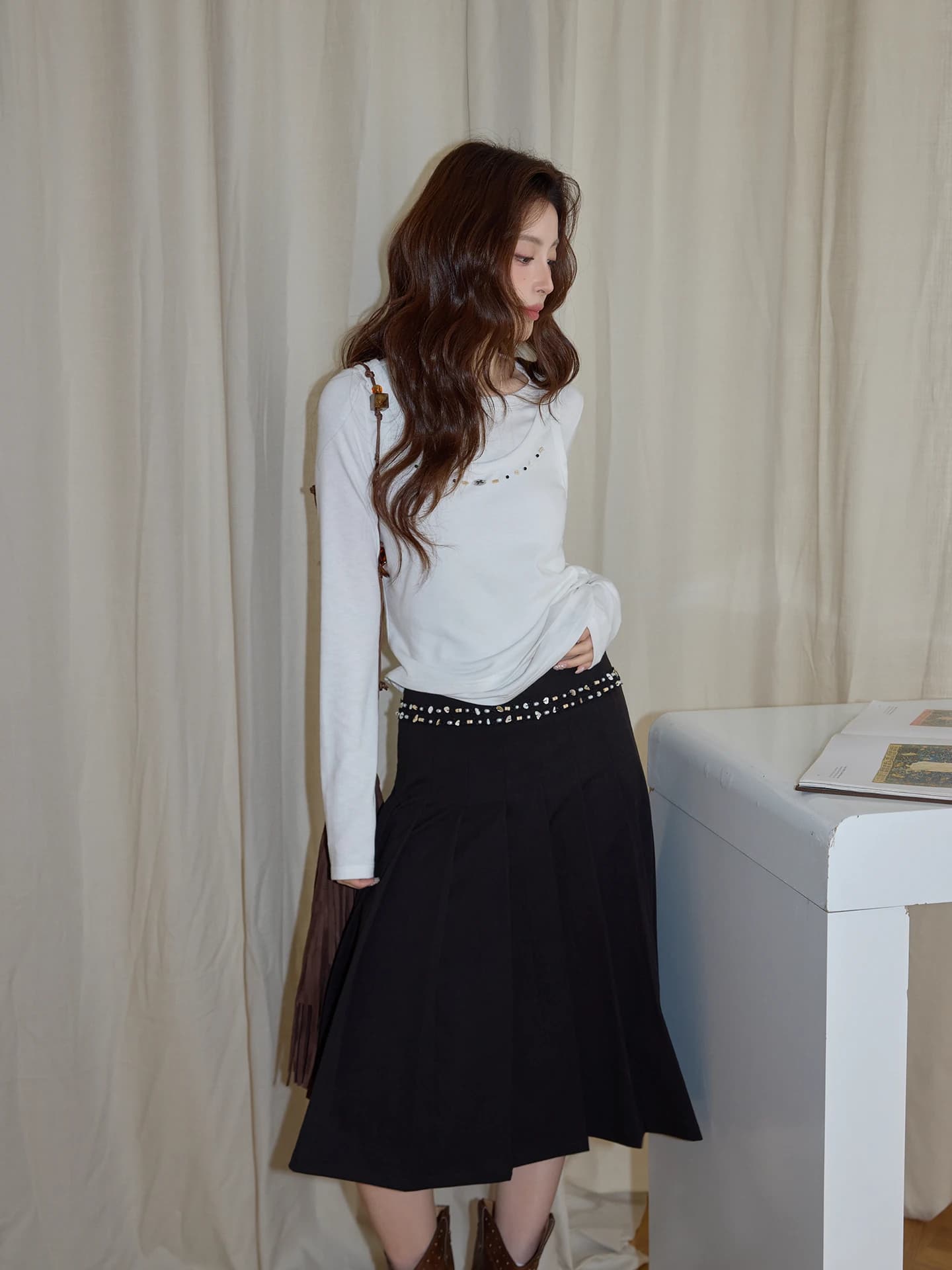 Black Heavy Work Pleated Half Skirt Women's High Waist Loose A-Line Midi Skirt Commute Korean Style Polyester Fiber