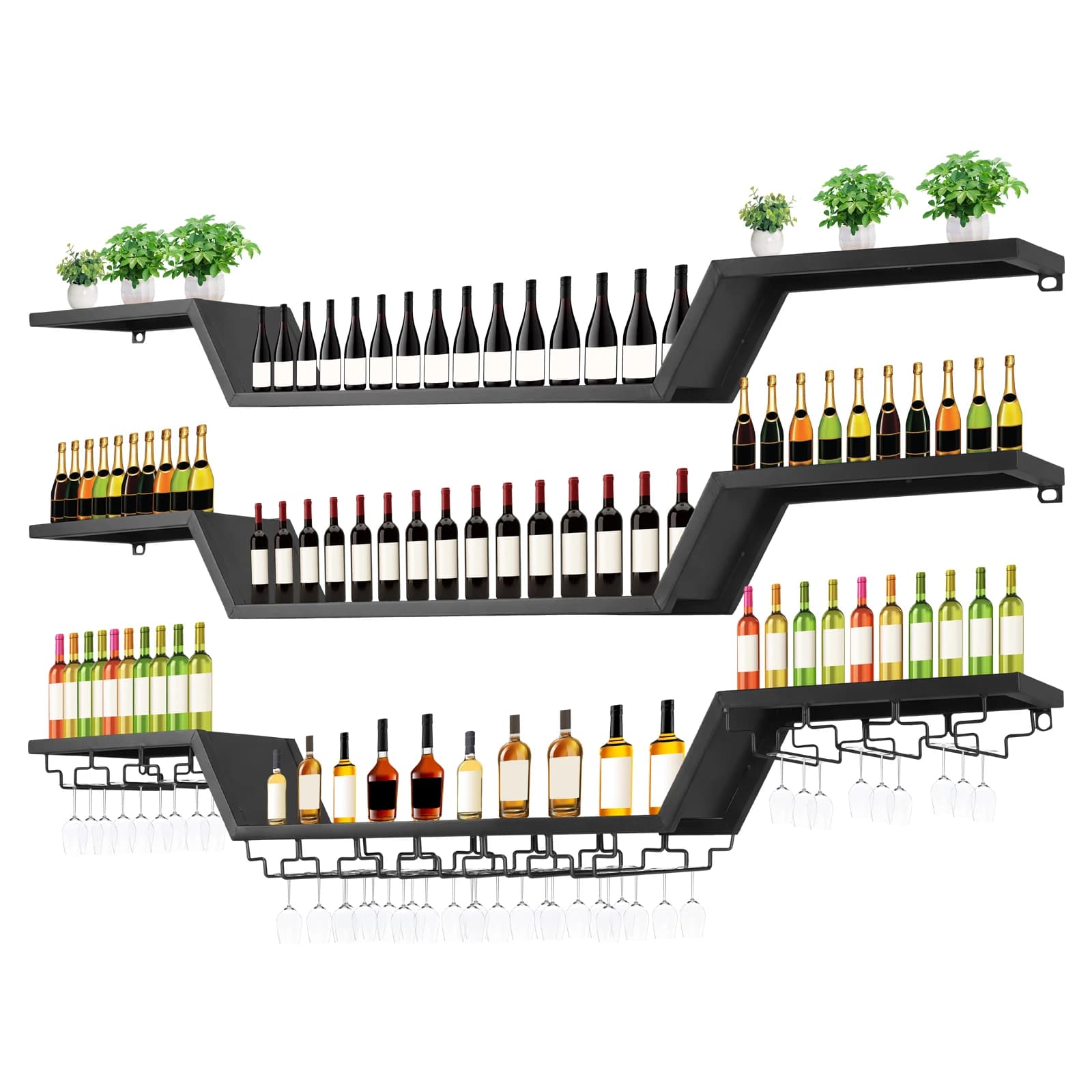 Portabottiglie da Parete Moderno 47/55 Pollici con Luce LED e Ganci per Bicchieri, a 3 Livelli per Bar Domestico