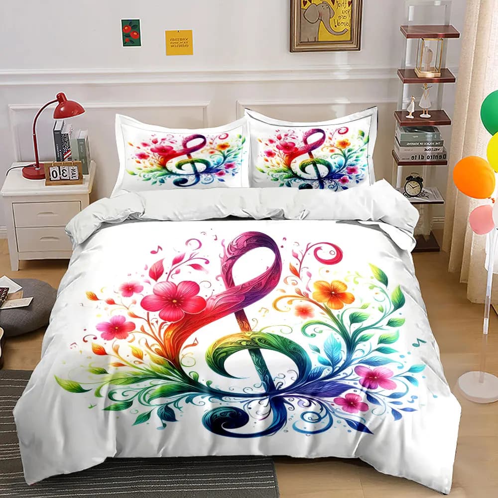 Set copripiumino con motivo floreale vivace e note musicali intrecciate, stampa digitale, biancheria da letto colorata in poliestere con chiusura a cerniera