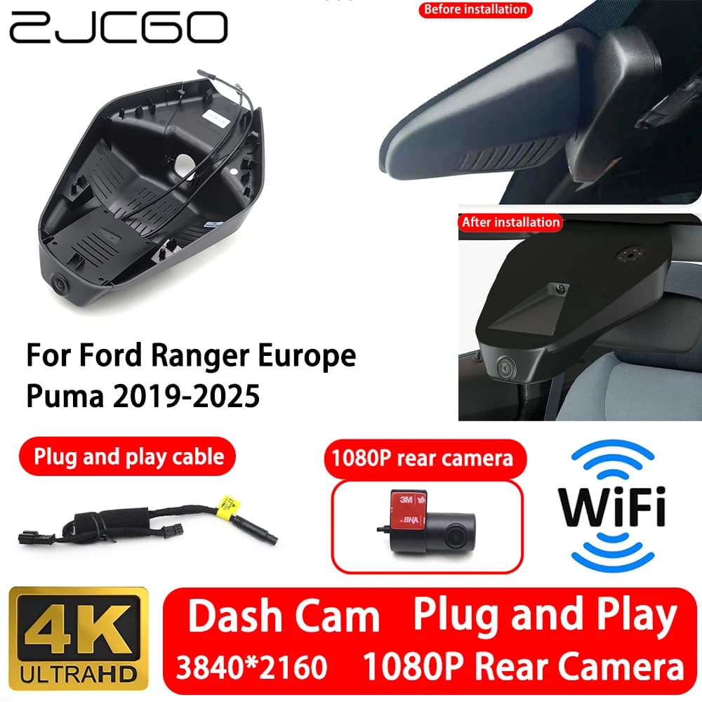 Telecamera Anteriore e Posteriore 4K 2160P per Ford Ranger Europa Puma 2019-2025, Dash Cam WiFi Plug and Play, Registrazione Video in Loop