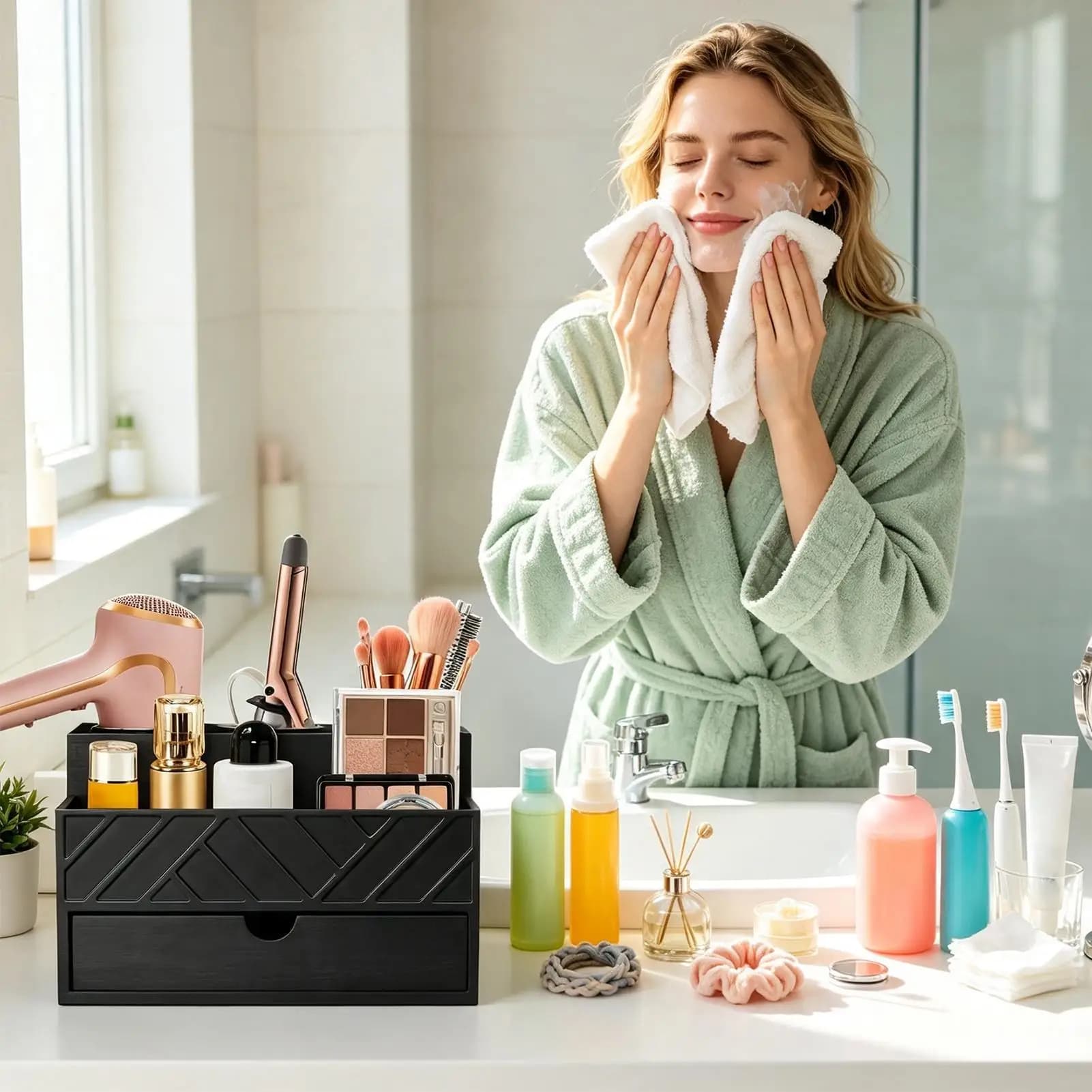 Hair Dryer Stand With Drawer Removable Cups Wire Holes Bathroom Hair Dryer Holder Wall Mounted For Brush Straightener Curling