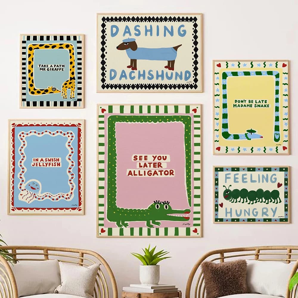 (No frame)Funny Cartoon Dachshund Dog Poster and Print Giraffe Snake Jellyfish Alligator Animal Canvas Wall Art Picture For K