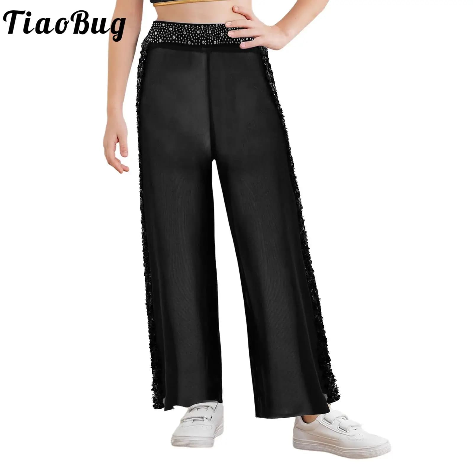 Pantaloni da ballo jazz moderni per ragazze per bambini Pattinaggio di figura Balletto Ginnastica Costume Strass lucidi Cintura elastica Pantaloni a gamba larga